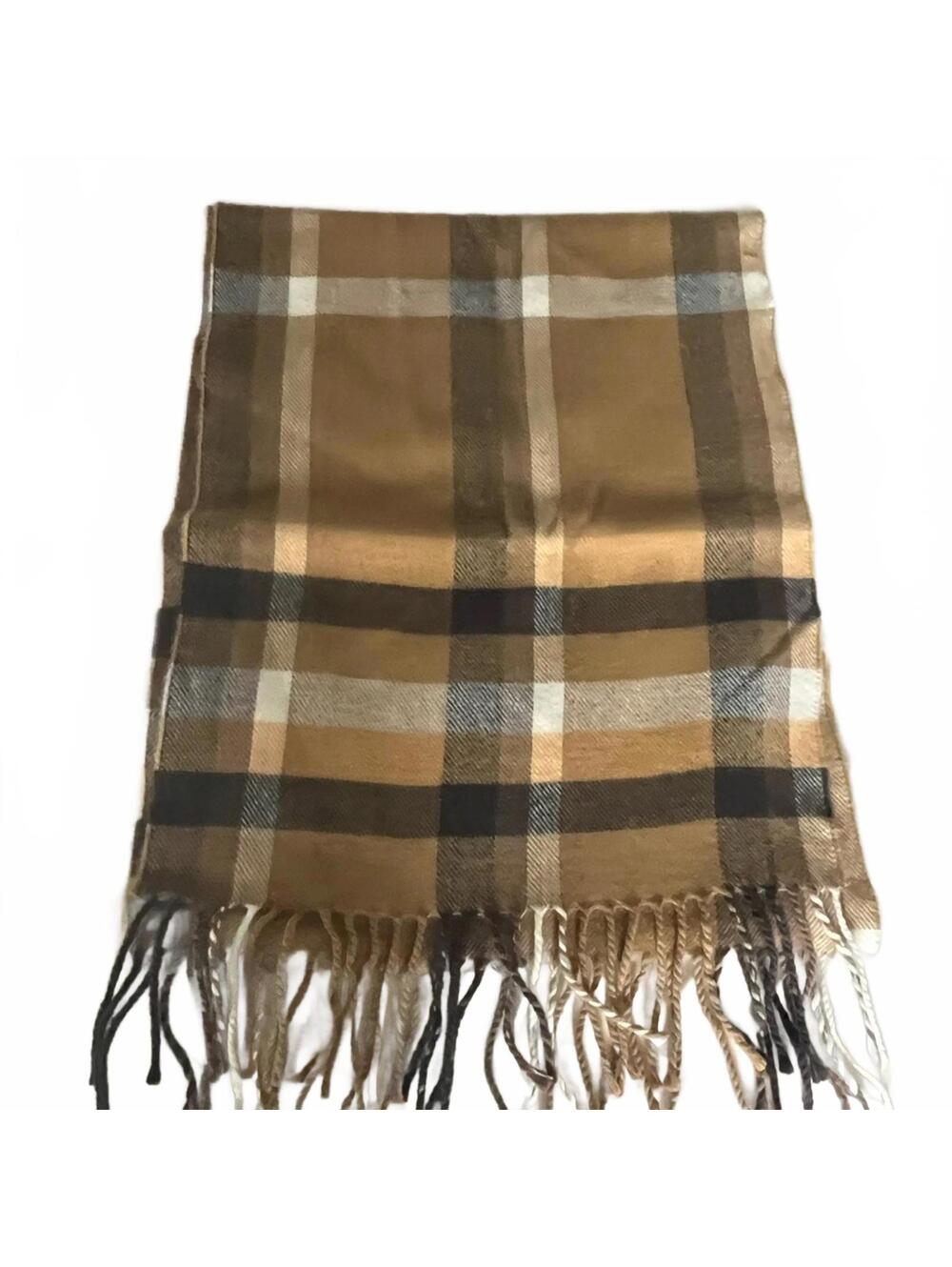 Brown Tan Plaid Fringe Scarf Classic Cozy Blanket Scarf Neutral Wrap OS Fall